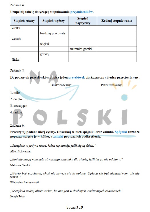 Sprawdzian z części mowy | Na Polski